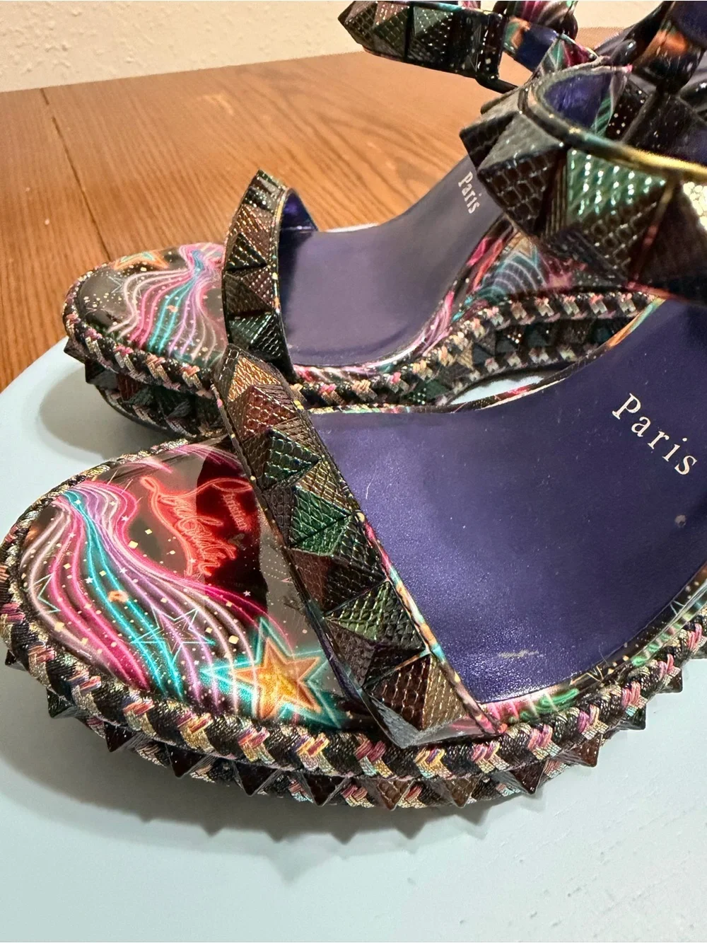 Christian Louboutin Black Multicolor Embellished Platform Wedge Sandals